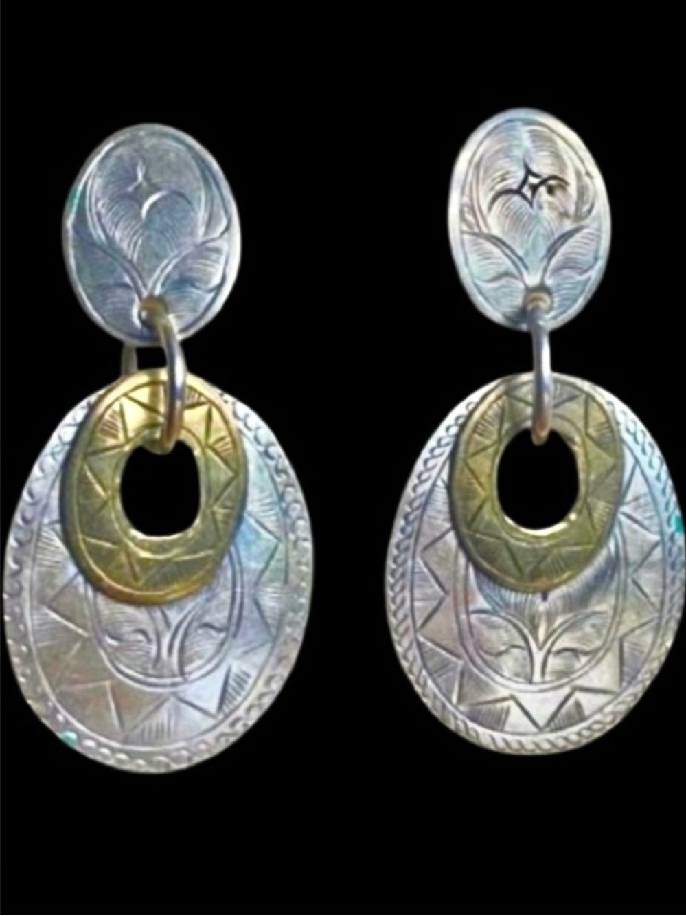 Vintage Artisan Etched Silver and Gold Tone Metal Stud Dangle Earrings 2”